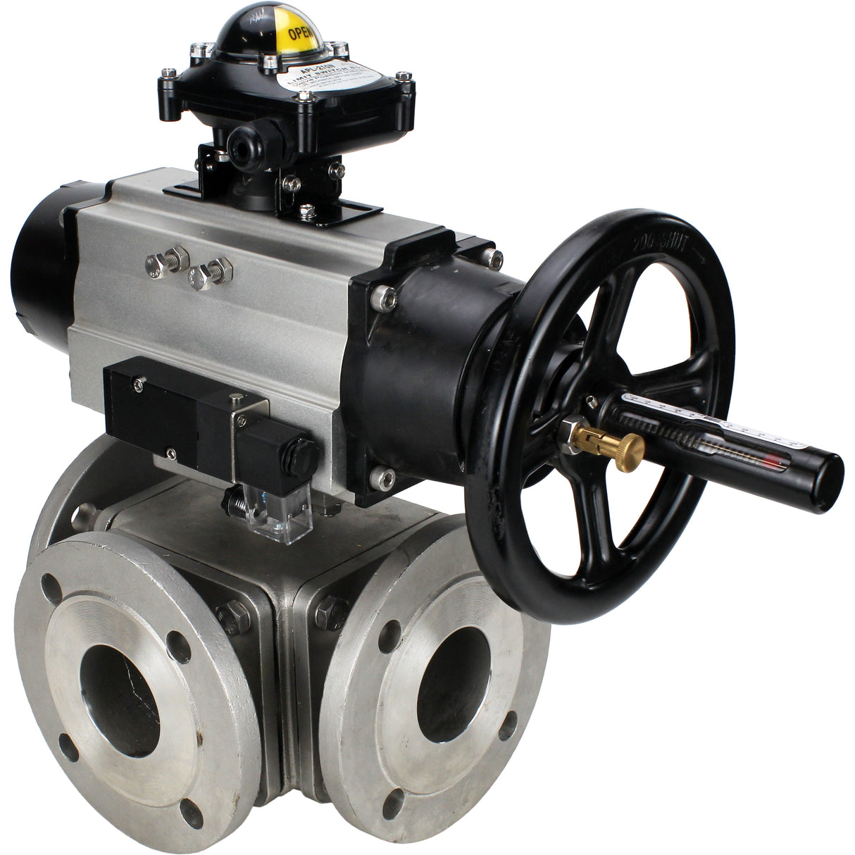 Ball valves Elephant BV3232P(4pc)-FP-3WL-F-ISO-H DN100 16 bar full bore, flanged, body - stainless steel SS316, ISO flange F10/F12, square 19x19, with double pneumatic actuator PA-DA-105-1 action, pneumatic distributor 4M310-08 24V and LSU APL-210N