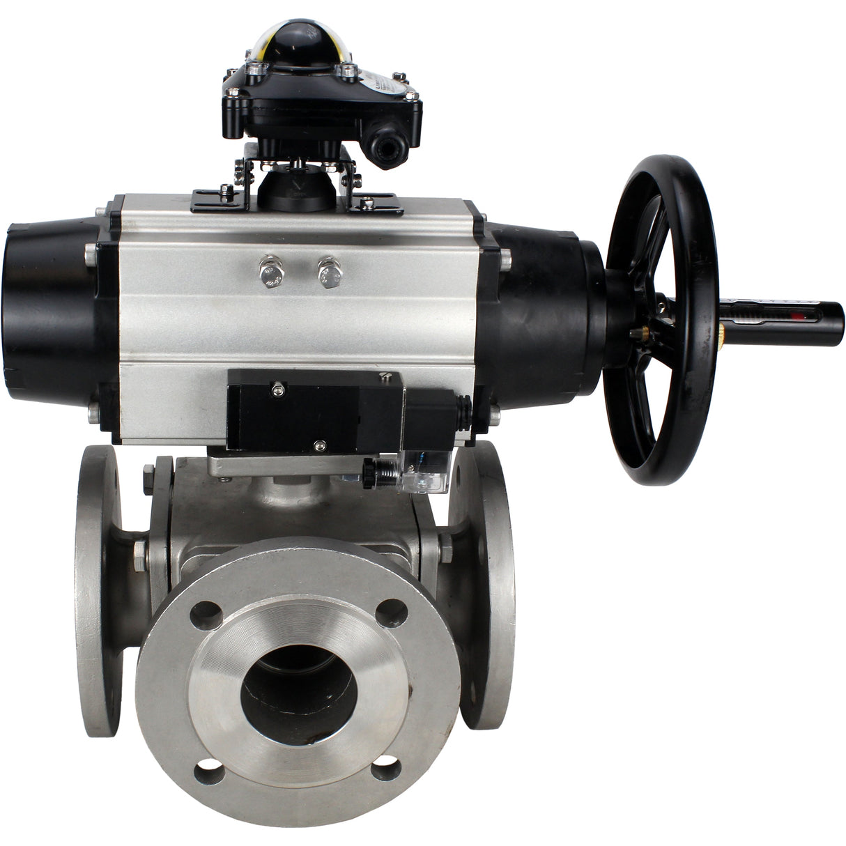 Ball valves Elephant BV3232P(4pc)-FP-3WL-F-ISO-H DN100 16 bar full bore, flanged, body - stainless steel SS316, ISO flange F10/F12, square 19x19, with double pneumatic actuator PA-DA-105-1 action, pneumatic distributor 4M310-08 24V and LSU APL-210N
