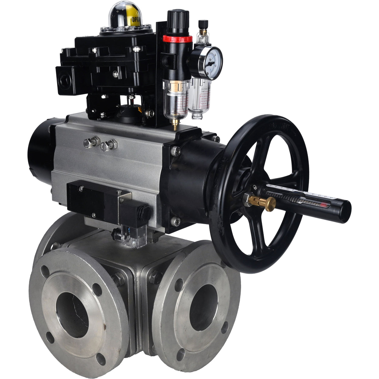 Ball valves Elephant BV3232P(4pc)-FP-3WL-F-ISO-H DN100 16 bar full bore, flanged, body - stainless steel SS316, ISO flange F10/F12, square 19x19, with pneumatic actuator PA-DA-105-1, pneumatic distributor 4M310-08 220V, LSU APL-410N EX and ATU AFC2000