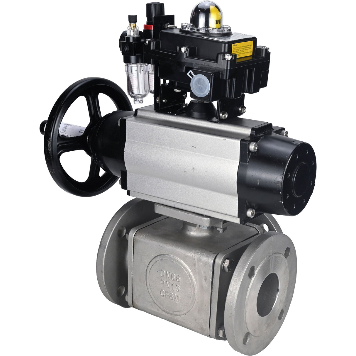 Ball valves Elephant BV3232P(4pc)-FP-3WL-F-ISO-H DN100 16 bar full bore, flanged, body - stainless steel SS316, ISO flange F10/F12, square 19x19, with pneumatic actuator PA-DA-105-1, pneumatic distributor 4M310-08 220V, LSU APL-410N EX and ATU AFC2000
