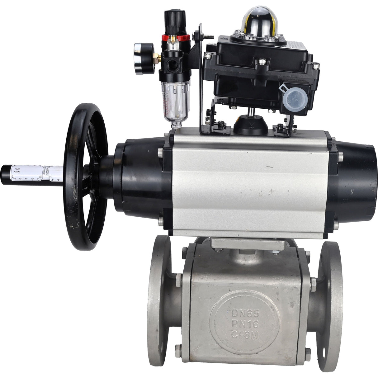 Ball valves Elephant BV3232P(4pc)-FP-3WL-F-ISO-H DN100 16 bar full bore, flanged, body - stainless steel SS316, ISO flange F10/F12, square 19x19, with pneumatic actuator PA-DA-105-1, pneumatic distributor 4M310-08 24V, LSU APL-410N EX and ATU AFC2000