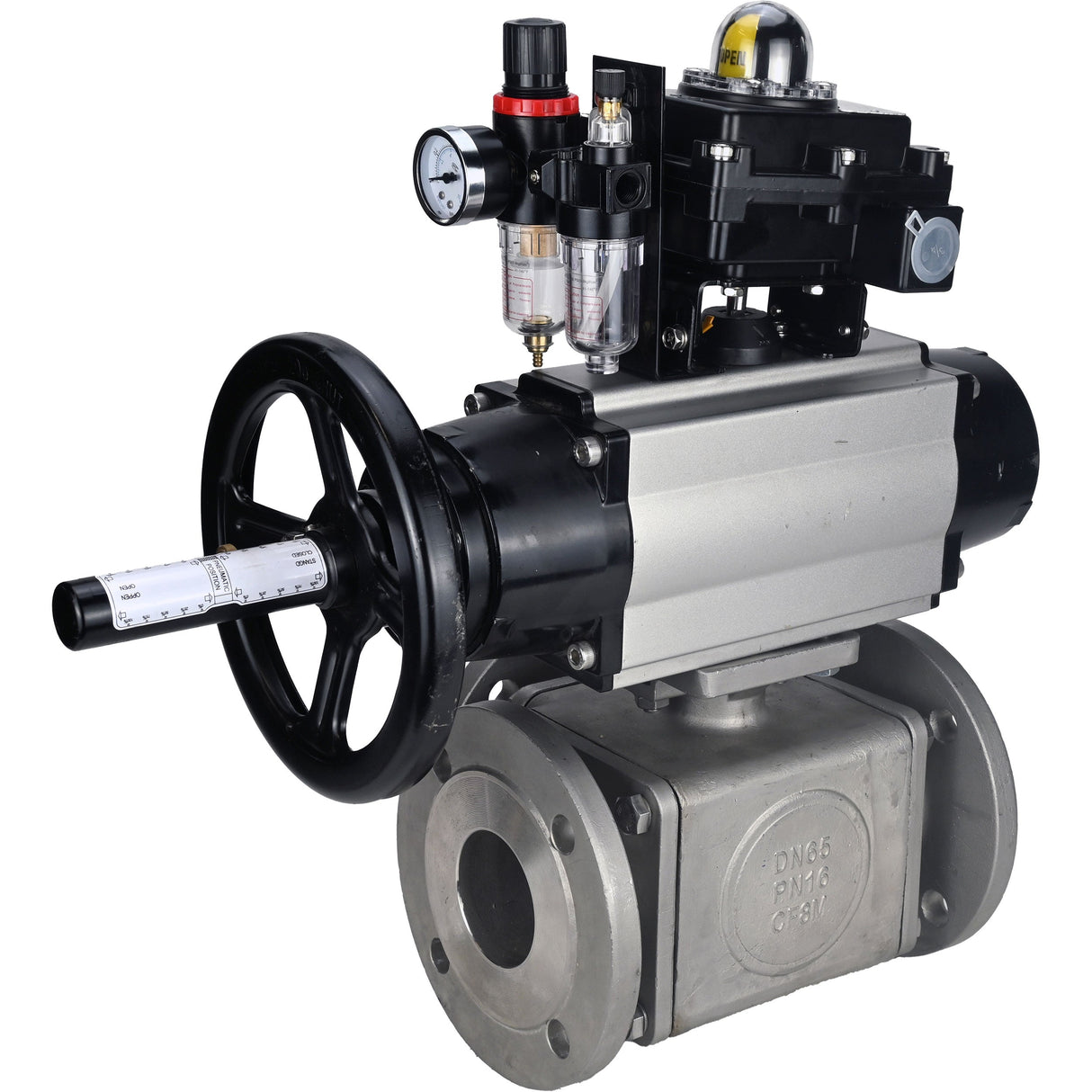 Ball valves Elephant BV3232P(4pc)-FP-3WL-F-ISO-H DN100 16 bar full bore, flanged, body - stainless steel SS316, ISO flange F10/F12, square 19x19, with pneumatic actuator PA-DA-105-1, pneumatic distributor 4M310-08 24V, LSU APL-410N EX and ATU AFC2000