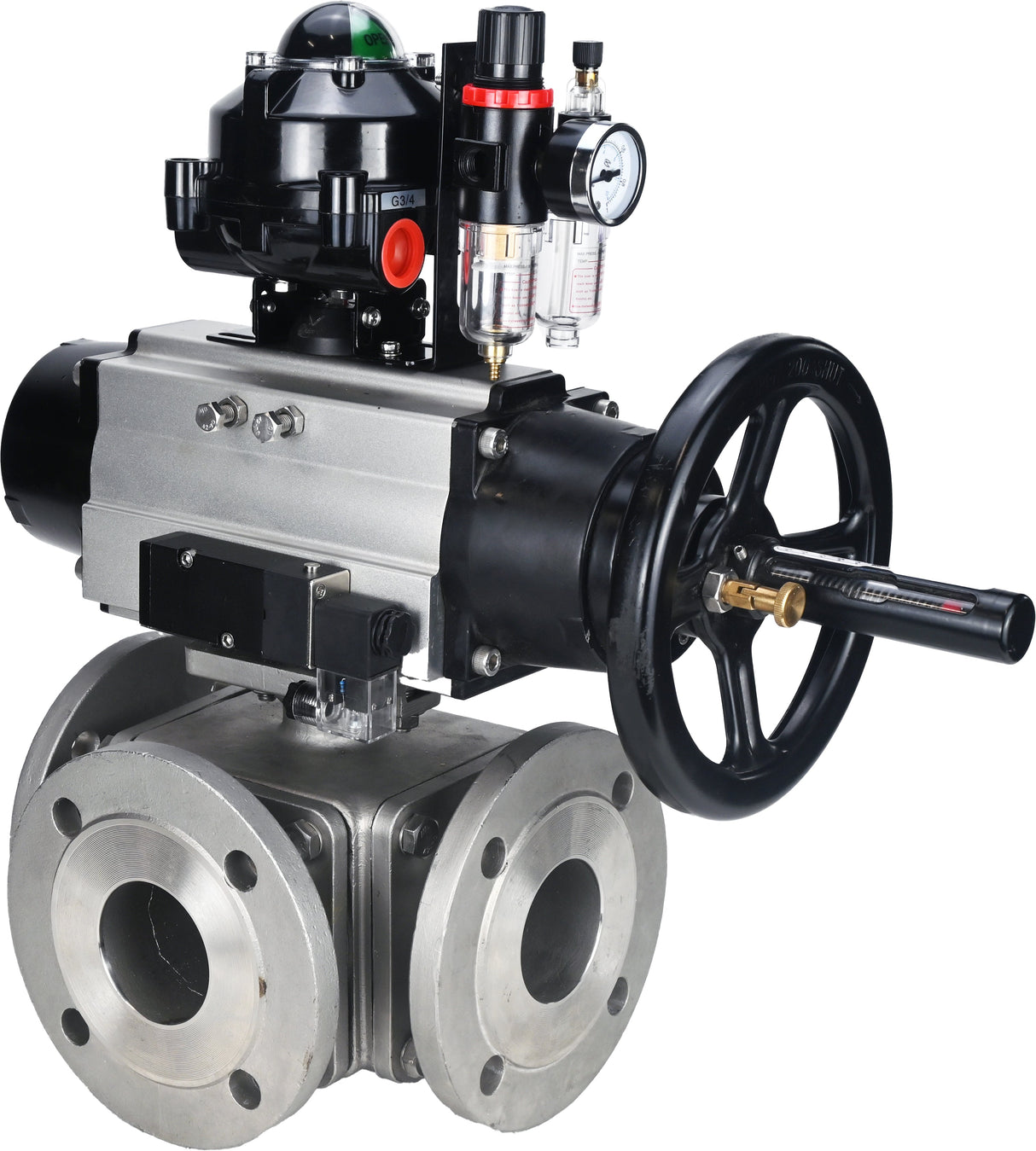 Ball valves Elephant BV3232P(4pc)-FP-3WL-F-ISO-H DN100 16 bar full bore, flanged, body - stainless steel SS316, ISO flange F10/F12, square 19x19, with pneumatic actuator PA-DA-105-1, pneumatic distributor 4M310-08 220V, LSU APL-510N EX and ATU AFC2000