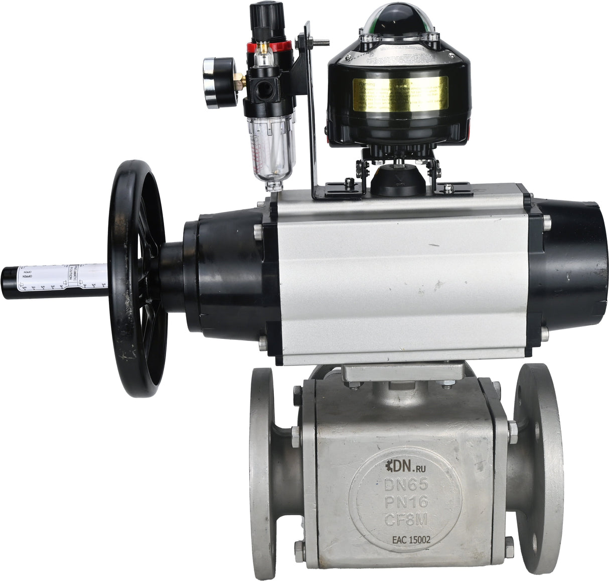 Ball valves Elephant BV3232P(4pc)-FP-3WL-F-ISO-H DN100 16 bar full bore, flanged, body - stainless steel SS316, ISO flange F10/F12, square 19x19, with pneumatic actuator PA-DA-105-1, pneumatic distributor 4M310-08 24V, LSU APL-510N EX and ATU AFC2000