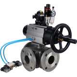 Ball valves Elephant BV3232P(4pc)-FP-3WL-F-ISO-H DN100 16 bar full bore, flanged, body - stainless steel SS316, ISO flange F10/F12, square 19x19, with pneumatic actuator PA-DA-105-1, pneumatic distributor 4V320-8 220V, LSU APL-210N and ATU AFC2000