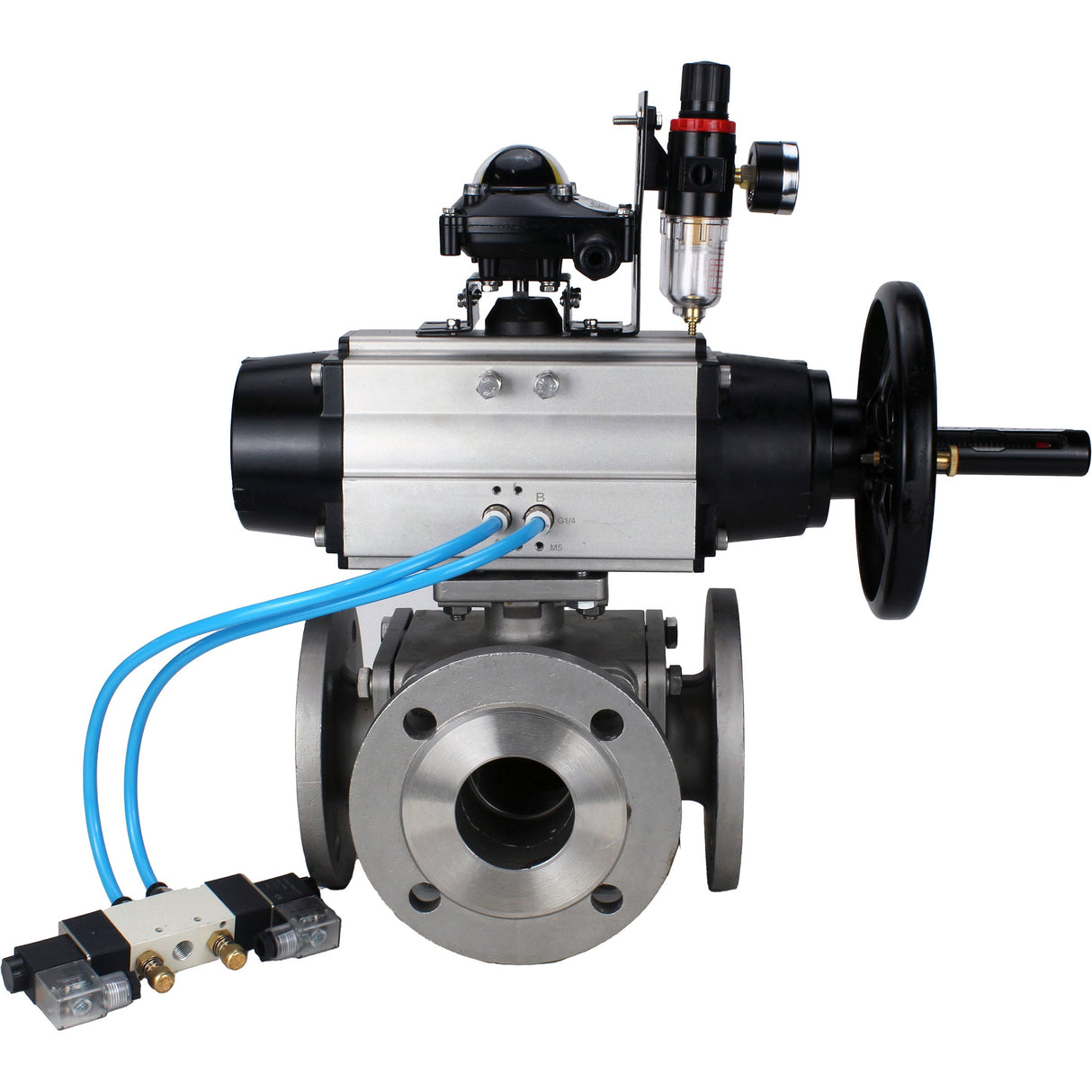 Ball valves Elephant BV3232P(4pc)-FP-3WL-F-ISO-H DN100 16 bar full bore, flanged, body - stainless steel SS316, ISO flange F10/F12, square 19x19, with pneumatic actuator PA-DA-105-1, pneumatic distributor 4V320-8 220V, LSU APL-210N and ATU AFC2000
