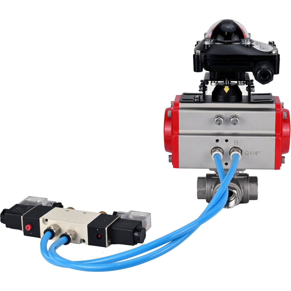Kugelhähne Elephant BV3232P(4 Stück)-SP-3WL-T-ISO-H, Gehäusematerial - Edelstahl AISI 316, Dichtung - PTFE / PTFE / Teflon, mit pneumatischem Doppelwirkungsantrieb PA-DA, 4V320-08 220V, LSU APL-210N