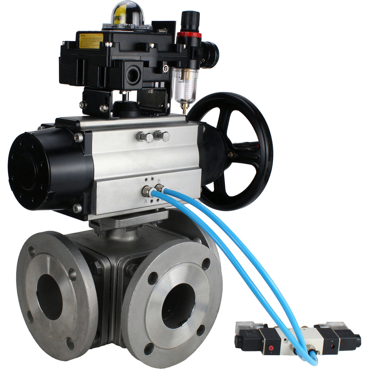Ball valves Elephant BV3232P(4pc)-FP-3WL-F-ISO-H DN100 16 bar full bore, flanged, body - stainless steel SS316, ISO flange F10/F12, square 19x19, with pneumatic actuator PA-DA-105-1, pneumatic distributor 4V320-8 220V, LSU APL-410N EX and ATU AFC2000