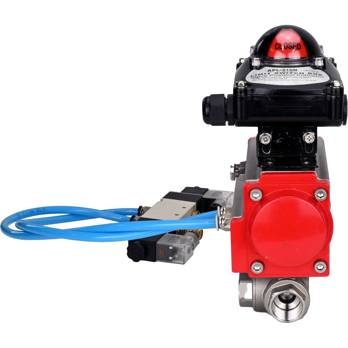 Kugelhähne Elephant BV3232P(4 Stück)-SP-3WL-T-ISO-H, Gehäusematerial - Edelstahl AISI 316, Dichtung - PTFE / PTFE / Teflon, mit pneumatischem Doppelwirkungsantrieb PA-DA, 4V320-08 220V, LSU APL-210N