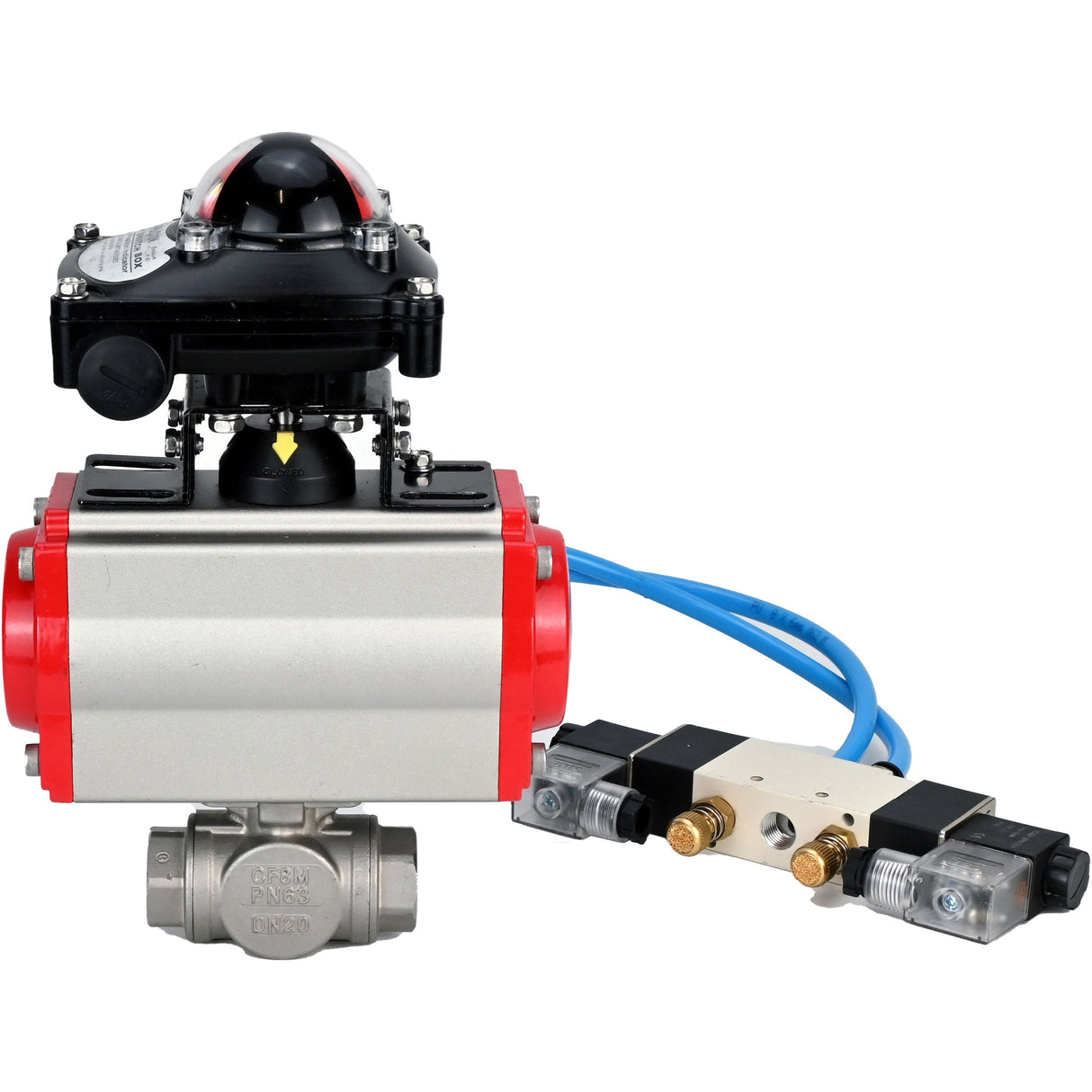 Kugelhähne Elephant BV3232P(4 Stück)-SP-3WL-T-ISO-H, Gehäusematerial - Edelstahl AISI 316, Dichtung - PTFE / PTFE / Teflon, mit pneumatischem Doppelwirkungsantrieb PA-DA, 4V320-08 220V, LSU APL-210N
