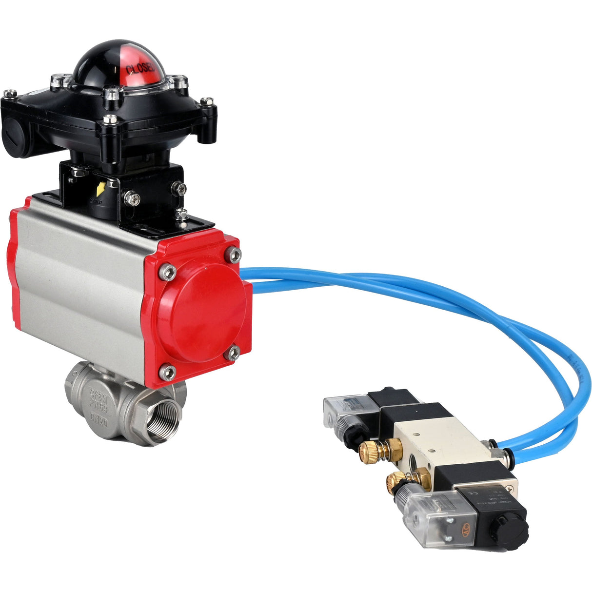Kugelhähne Elephant BV3232P(4 Stück)-SP-3WL-T-ISO-H, Gehäusematerial - Edelstahl AISI 316, Dichtung - PTFE / PTFE / Teflon, mit pneumatischem Doppelwirkungsantrieb PA-DA, 4V320-08 220V, LSU APL-210N