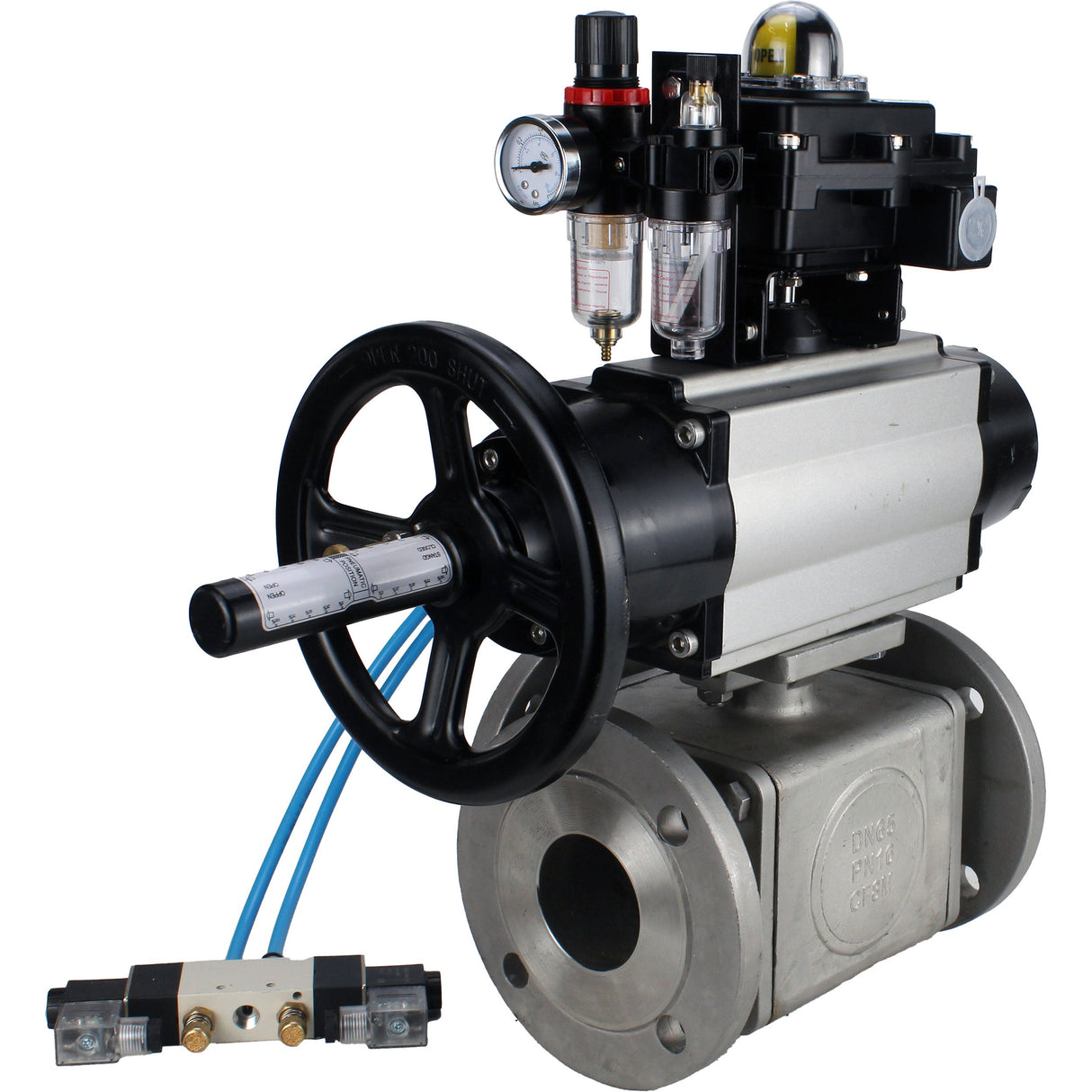 Ball valves Elephant BV3232P(4pc)-FP-3WL-F-ISO-H DN100 16 bar full bore, flanged, body - stainless steel SS316, ISO flange F10/F12, square 19x19, with pneumatic actuator PA-DA-105-1, pneumatic distributor 4V320-10 220V, LSU APL-410N EX and ATU AFC2000