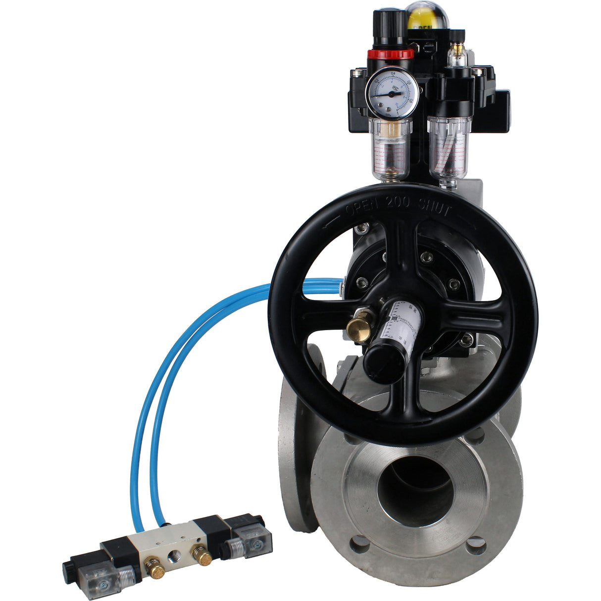 Ball valves Elephant BV3232P(4pc)-FP-3WL-F-ISO-H DN100 16 bar full bore, flanged, body - stainless steel SS316, ISO flange F10/F12, square 19x19, with pneumatic actuator PA-DA-105-1, pneumatic distributor 4V320-10 220V, LSU APL-410N EX and ATU AFC2000