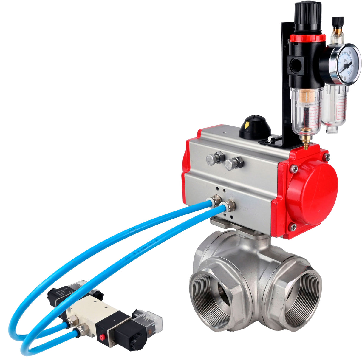 Kugelhähne Elephant BV3232P(4pc)-SP-3WL-T-ISO-H, Gehäusematerial - Edelstahl AISI 316, Dichtung - PTFE / PTFE / Teflon, mit pneumatischem Doppelwirkungsantrieb PA-DA, 4V320-08 220V, ATU AFC2000