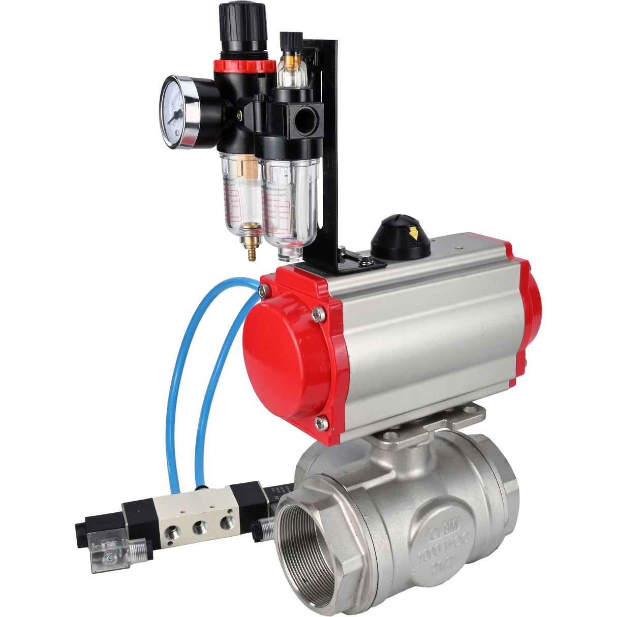 Kugelhähne Elephant BV3232P(4pc)-SP-3WL-T-ISO-H, Gehäusematerial - Edelstahl AISI 316, Dichtung - PTFE / PTFE / Teflon, mit pneumatischem Doppelwirkungsantrieb PA-DA, 4V320-08 220V, ATU AFC2000
