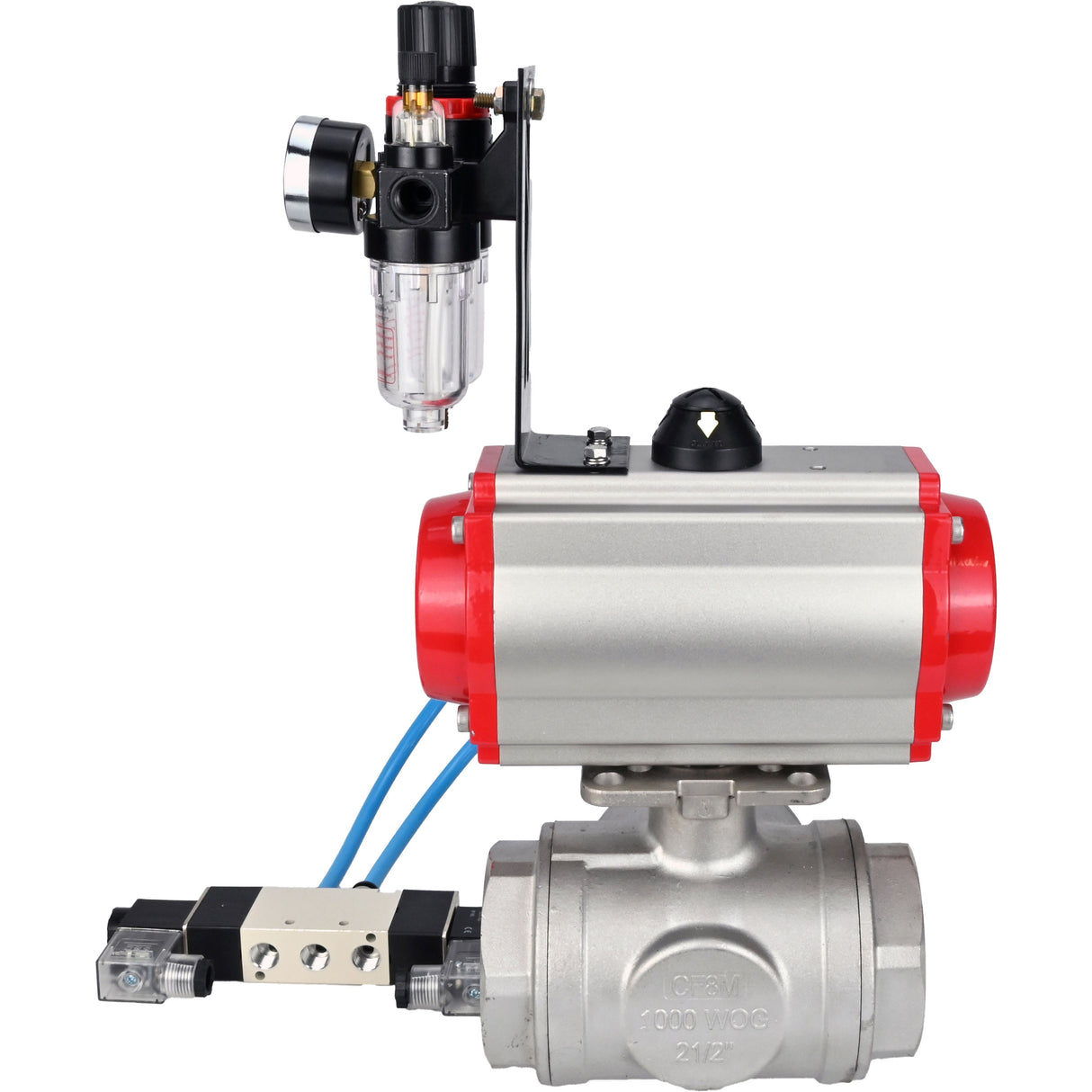 Kugelhähne Elephant BV3232P(4pc)-SP-3WL-T-ISO-H, Gehäusematerial - Edelstahl AISI 316, Dichtung - PTFE / PTFE / Teflon, mit pneumatischem Doppelwirkungsantrieb PA-DA, 4V320-08 220V, ATU AFC2000