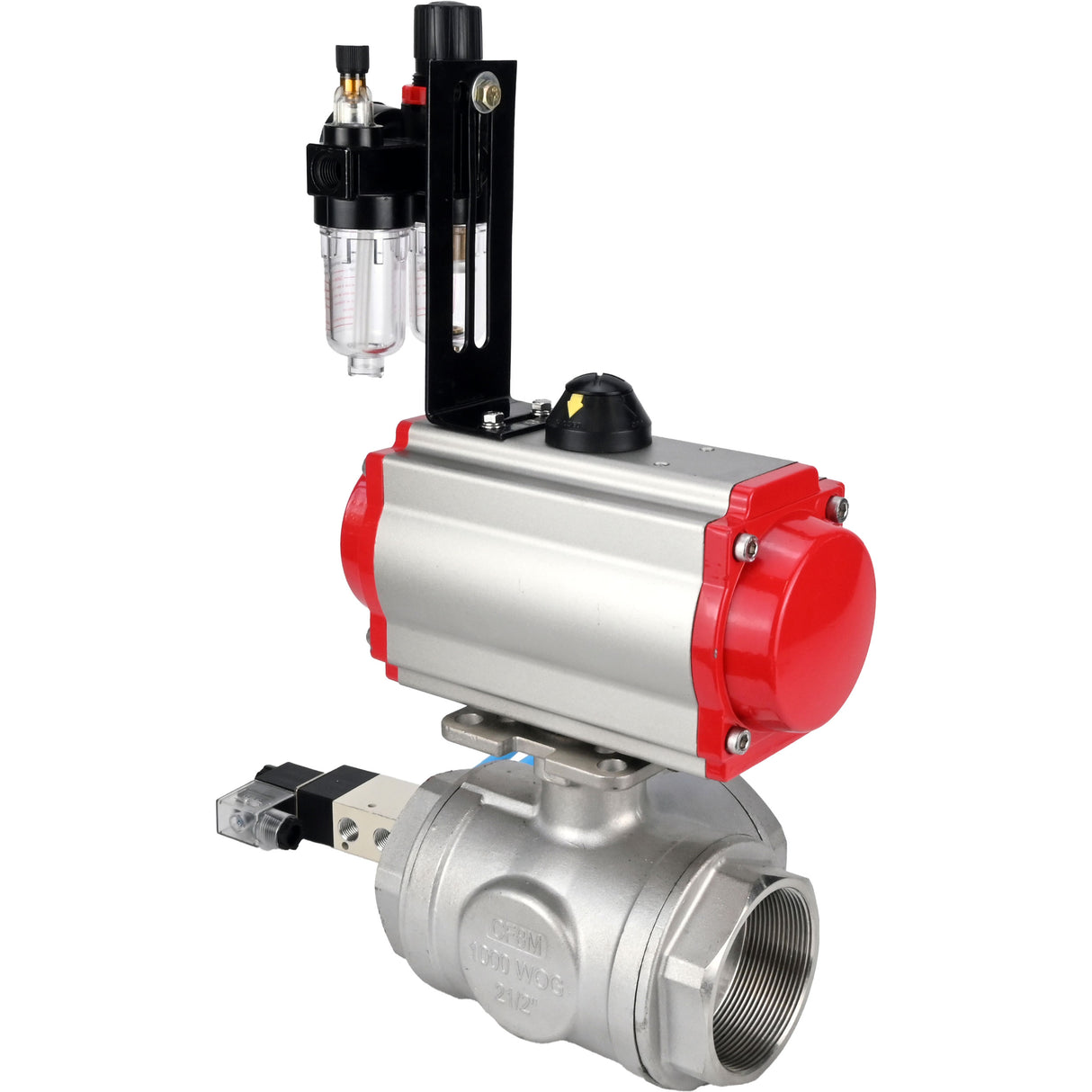 Kugelhähne Elephant BV3232P(4pc)-SP-3WL-T-ISO-H, Gehäusematerial - Edelstahl AISI 316, Dichtung - PTFE / PTFE / Teflon, mit pneumatischem Doppelwirkungsantrieb PA-DA, 4V320-08 220V, ATU AFC2000