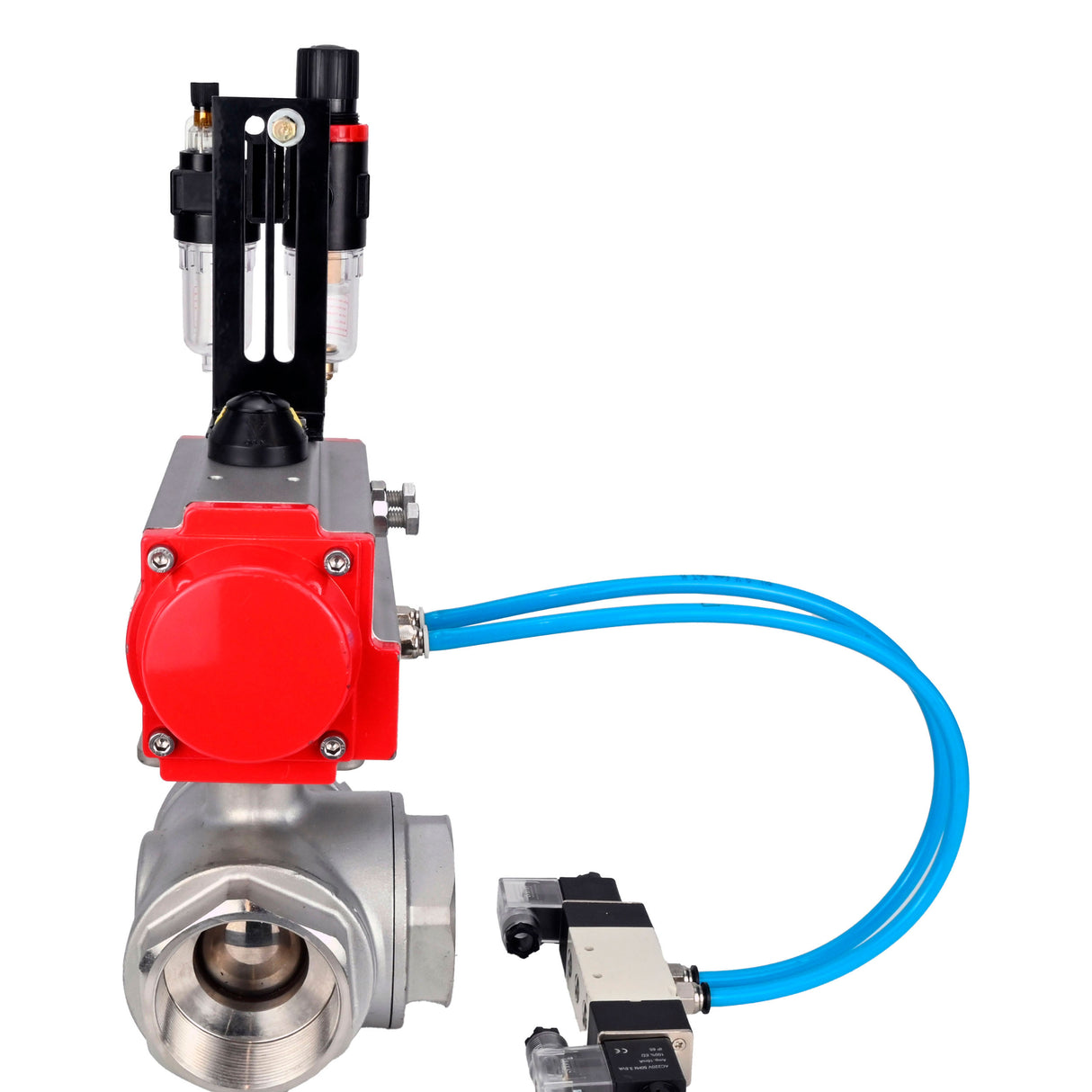 Kugelhähne Elephant BV3232P(4pc)-SP-3WL-T-ISO-H, Gehäusematerial - Edelstahl AISI 316, Dichtung - PTFE / PTFE / Teflon, mit pneumatischem Doppelwirkungsantrieb PA-DA, 4V320-08 220V, ATU AFC2000