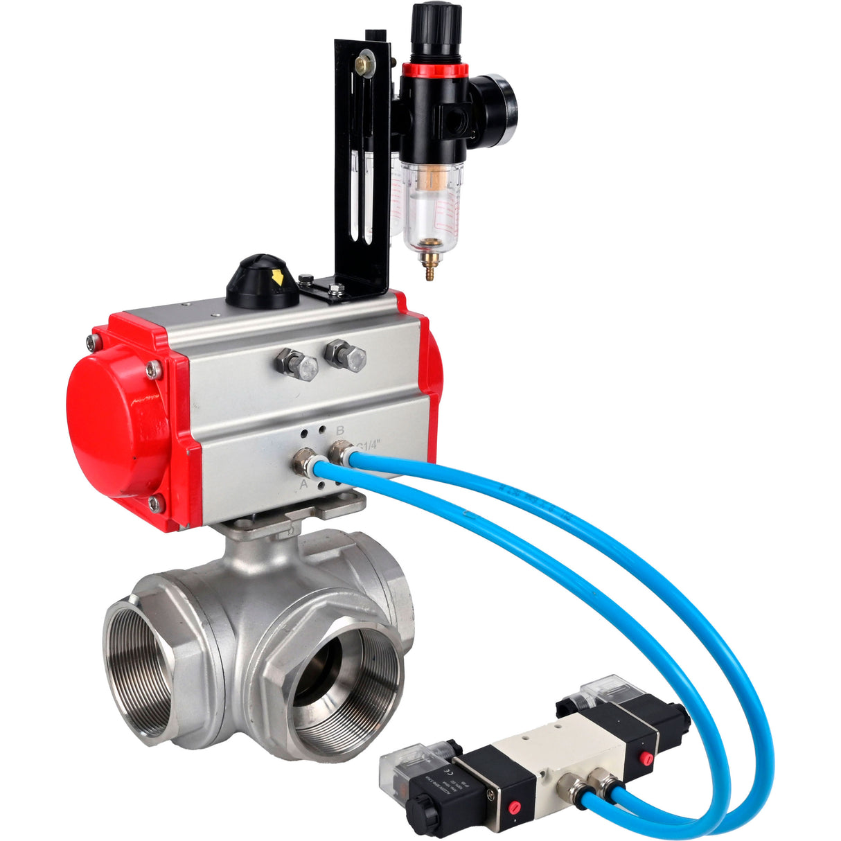 Kugelhähne Elephant BV3232P(4pc)-SP-3WL-T-ISO-H, Gehäusematerial - Edelstahl AISI 316, Dichtung - PTFE / PTFE / Teflon, mit pneumatischem Doppelwirkungsantrieb PA-DA, 4V320-08 220V, ATU AFC2000