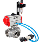 Kugelhähne Elephant BV3232P(4pc)-SP-3WL-T-ISO-H, Gehäusematerial - Edelstahl AISI 316, Dichtung - PTFE / PTFE / Teflon, mit pneumatischem Doppelwirkungsantrieb PA-DA, 4V320-08 220V, ATU AFC2000