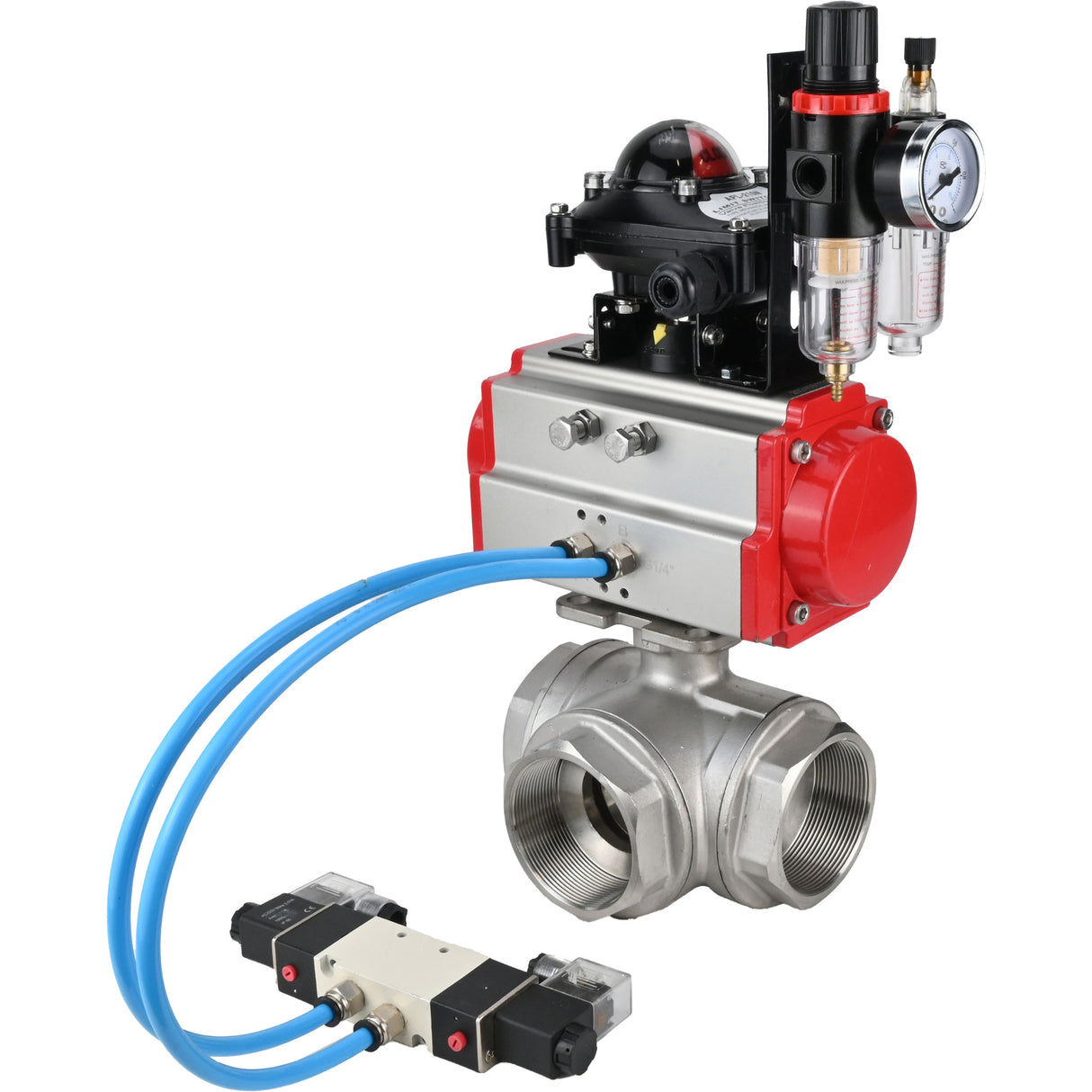 Kugelhähne Elephant BV3232P(4 Stück)-SP-3WL-T-ISO-H, Gehäusematerial - Edelstahl AISI 316, Dichtung - PTFE / PTFE / Teflon, mit pneumatischem Doppelwirkungsantrieb PA-DA, 4V320-08 220V, LSU APL-210N, ATU AFC2000