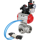 Kugelhähne Elephant BV3232P(4 Stück)-SP-3WL-T-ISO-H, Gehäusematerial - Edelstahl AISI 316, Dichtung - PTFE / PTFE / Teflon, mit pneumatischem Doppelwirkungsantrieb PA-DA, 4V320-08 220V, LSU APL-210N, ATU AFC2000