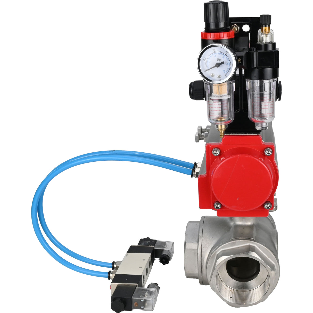 Kugelhähne Elephant BV3232P(4 Stück)-SP-3WL-T-ISO-H, Gehäusematerial - Edelstahl AISI 316, Dichtung - PTFE / PTFE / Teflon, mit pneumatischem Doppelwirkungsantrieb PA-DA, 4V320-08 220V, LSU APL-210N, ATU AFC2000
