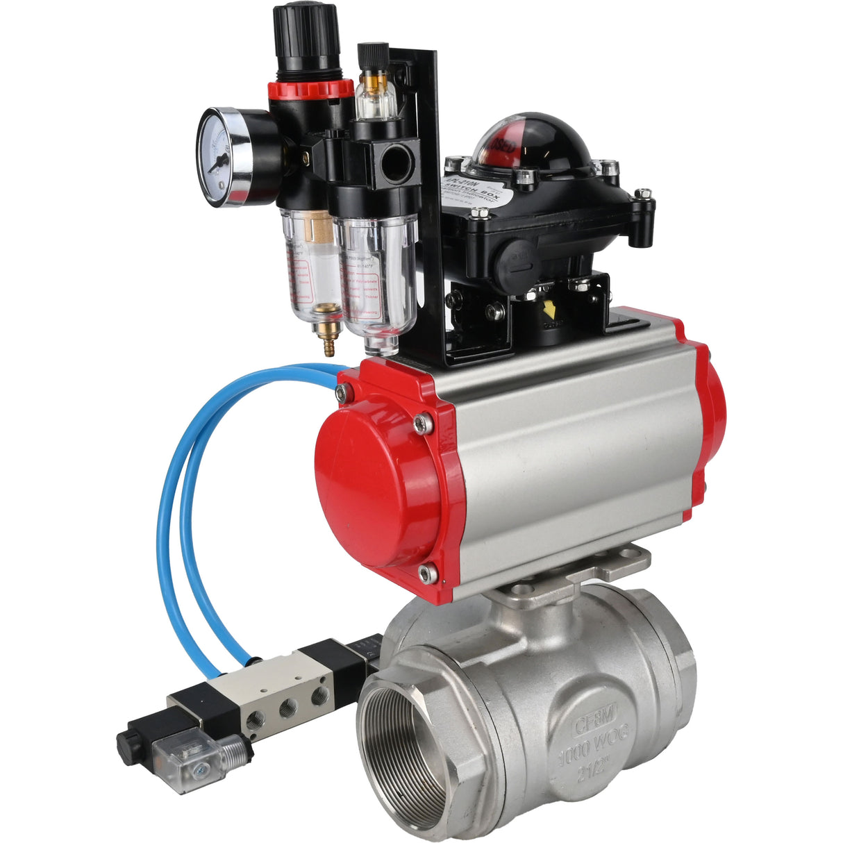 Kugelhähne Elephant BV3232P(4 Stück)-SP-3WL-T-ISO-H, Gehäusematerial - Edelstahl AISI 316, Dichtung - PTFE / PTFE / Teflon, mit pneumatischem Doppelwirkungsantrieb PA-DA, 4V320-08 220V, LSU APL-210N, ATU AFC2000