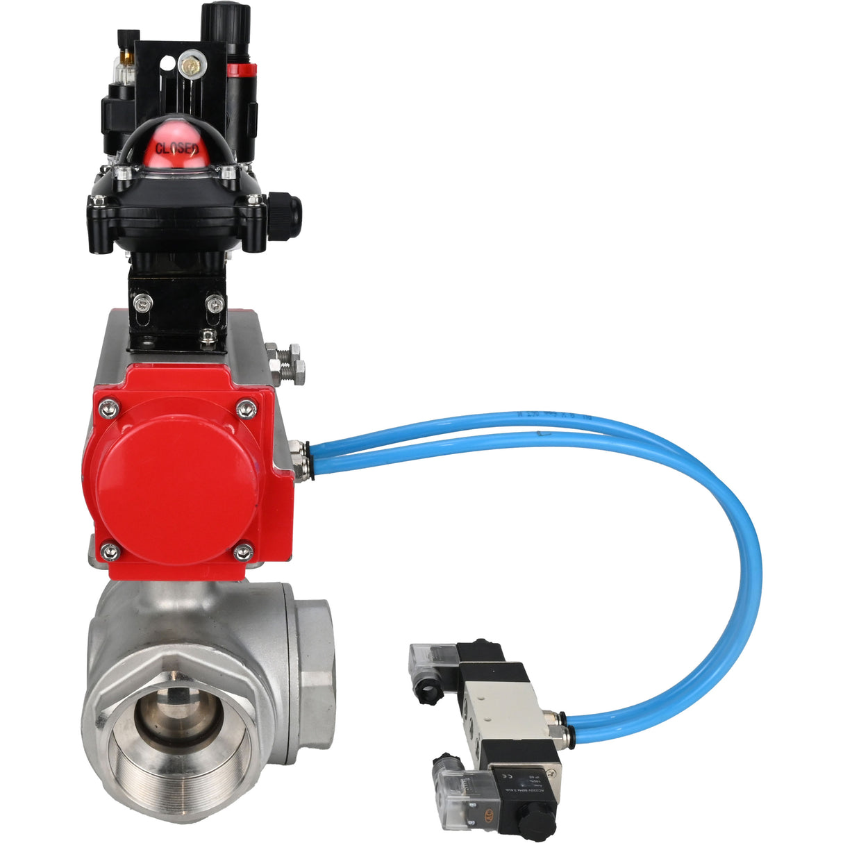 Kugelhähne Elephant BV3232P(4 Stück)-SP-3WL-T-ISO-H, Gehäusematerial - Edelstahl AISI 316, Dichtung - PTFE / PTFE / Teflon, mit pneumatischem Doppelwirkungsantrieb PA-DA, 4V320-08 220V, LSU APL-210N, ATU AFC2000