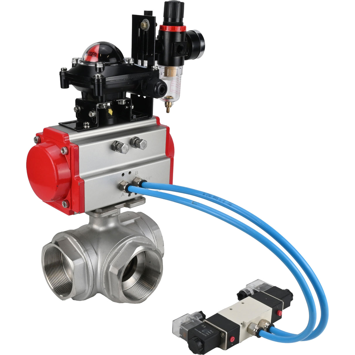 Kugelhähne Elephant BV3232P(4 Stück)-SP-3WL-T-ISO-H, Gehäusematerial - Edelstahl AISI 316, Dichtung - PTFE / PTFE / Teflon, mit pneumatischem Doppelwirkungsantrieb PA-DA, 4V320-08 220V, LSU APL-210N, ATU AFC2000