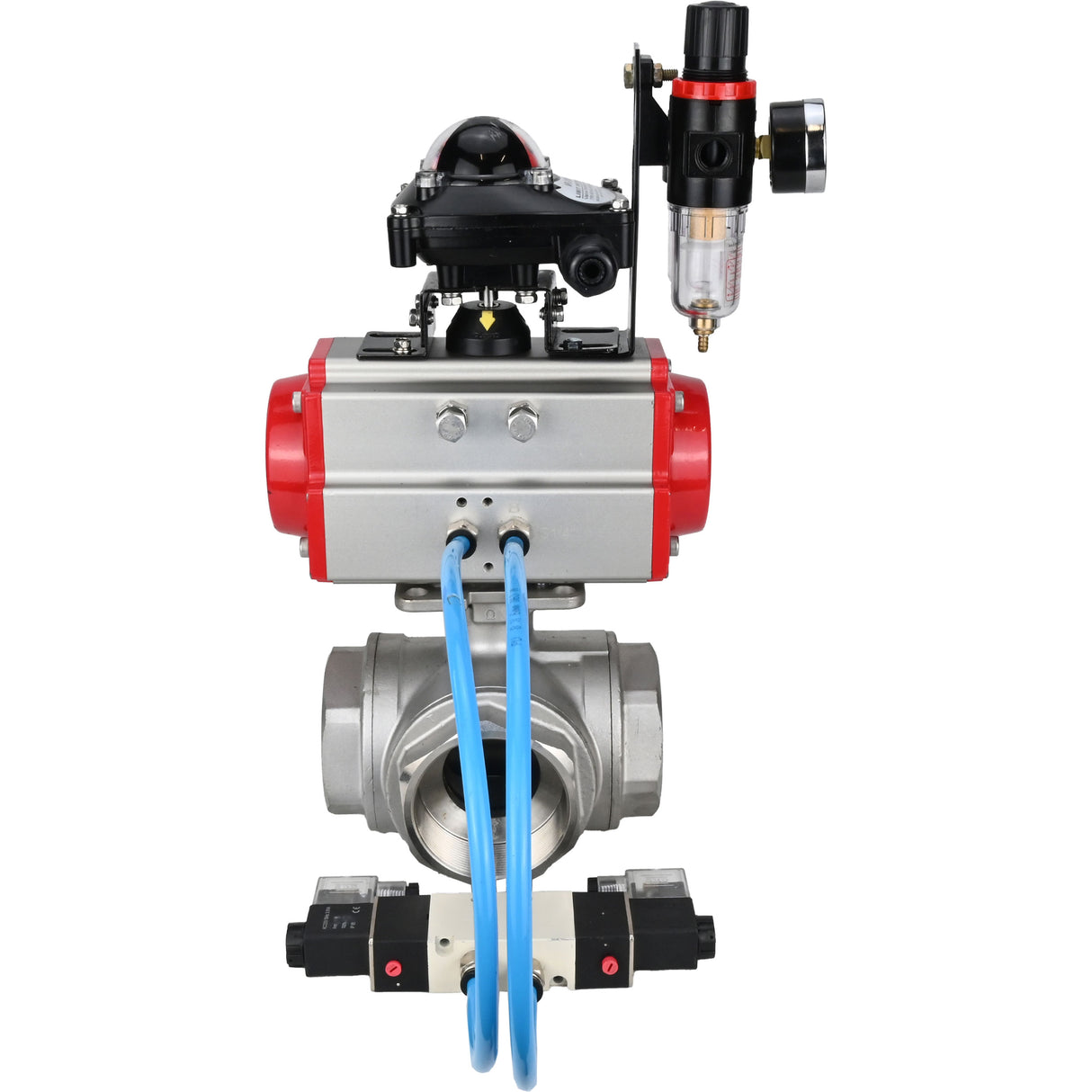 Kugelhähne Elephant BV3232P(4 Stück)-SP-3WL-T-ISO-H, Gehäusematerial - Edelstahl AISI 316, Dichtung - PTFE / PTFE / Teflon, mit pneumatischem Doppelwirkungsantrieb PA-DA, 4V320-08 220V, LSU APL-210N, ATU AFC2000