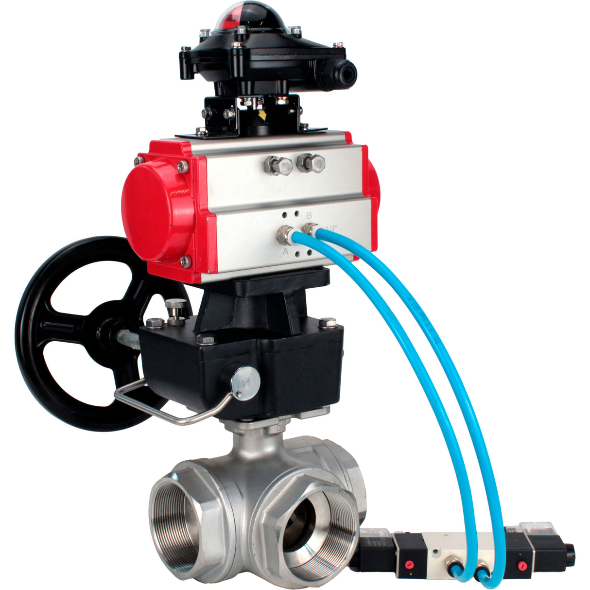 Kugelhähne Elephant BV3232P(4 Stück)-SP-3WL-T-ISO-H, Gehäusematerial - Edelstahl AISI 316, Dichtung - PTFE / PTFE / Teflon, mit pneumatischem Doppelwirkungsantrieb PA-DA, 4V320-08 220V, LSU APL-210N, Handrad MON