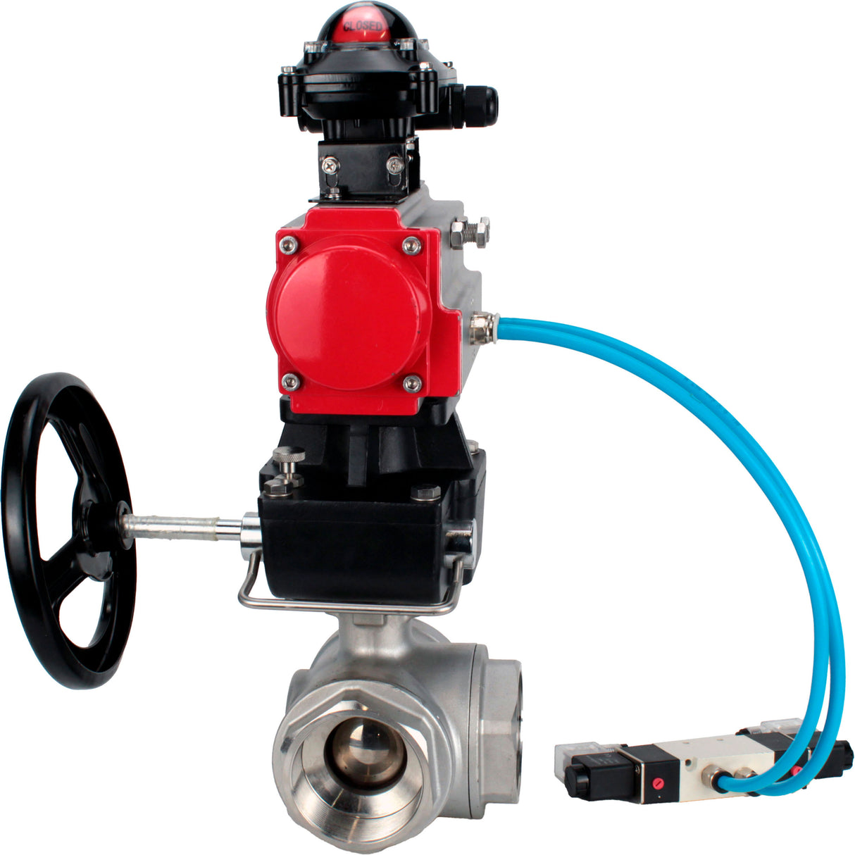 Kugelhähne Elephant BV3232P(4 Stück)-SP-3WL-T-ISO-H, Gehäusematerial - Edelstahl AISI 316, Dichtung - PTFE / PTFE / Teflon, mit pneumatischem Doppelwirkungsantrieb PA-DA, 4V320-08 220V, LSU APL-210N, Handrad MON