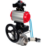 Kugelhähne Elephant BV3232P(4 Stück)-SP-3WL-T-ISO-H, Gehäusematerial - Edelstahl AISI 316, Dichtung - PTFE / PTFE / Teflon, mit pneumatischem Doppelwirkungsantrieb PA-DA, 4V320-08 220V, LSU APL-210N, Handrad MON