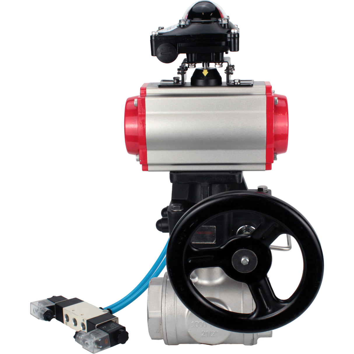 Kugelhähne Elephant BV3232P(4 Stück)-SP-3WL-T-ISO-H, Gehäusematerial - Edelstahl AISI 316, Dichtung - PTFE / PTFE / Teflon, mit pneumatischem Doppelwirkungsantrieb PA-DA, 4V320-08 220V, LSU APL-210N, Handrad MON