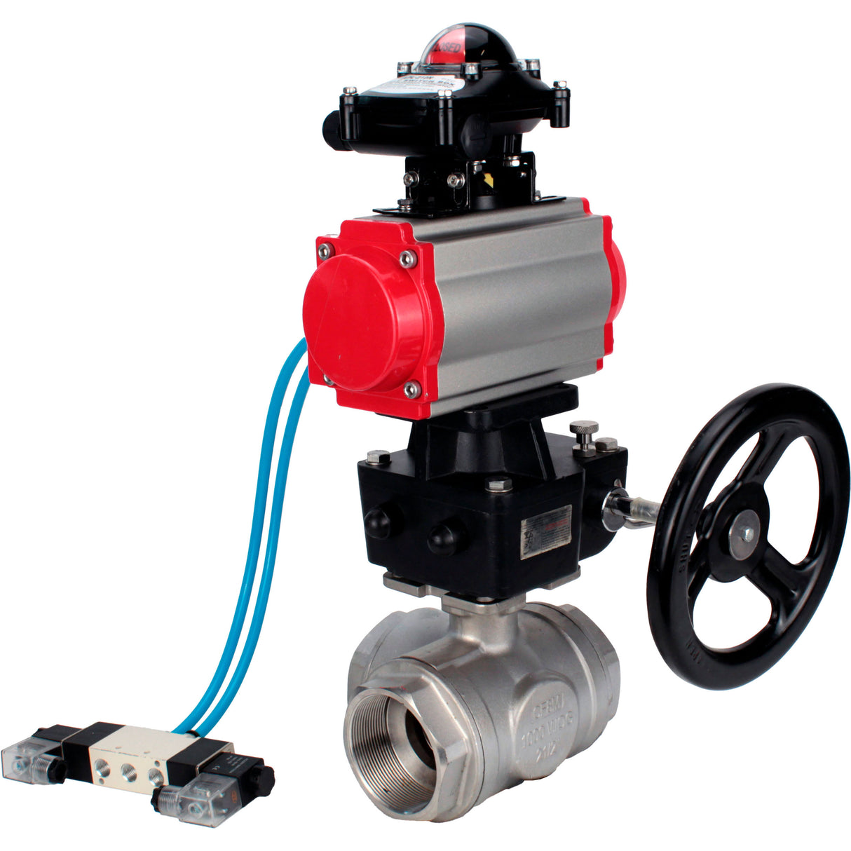 Kugelhähne Elephant BV3232P(4 Stück)-SP-3WL-T-ISO-H, Gehäusematerial - Edelstahl AISI 316, Dichtung - PTFE / PTFE / Teflon, mit pneumatischem Doppelwirkungsantrieb PA-DA, 4V320-08 220V, LSU APL-210N, Handrad MON