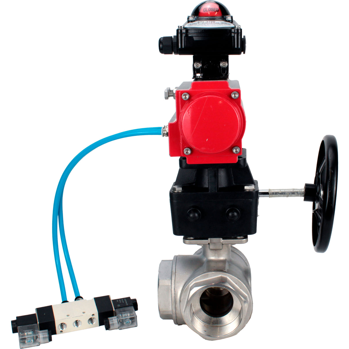 Kugelhähne Elephant BV3232P(4 Stück)-SP-3WL-T-ISO-H, Gehäusematerial - Edelstahl AISI 316, Dichtung - PTFE / PTFE / Teflon, mit pneumatischem Doppelwirkungsantrieb PA-DA, 4V320-08 220V, LSU APL-210N, Handrad MON