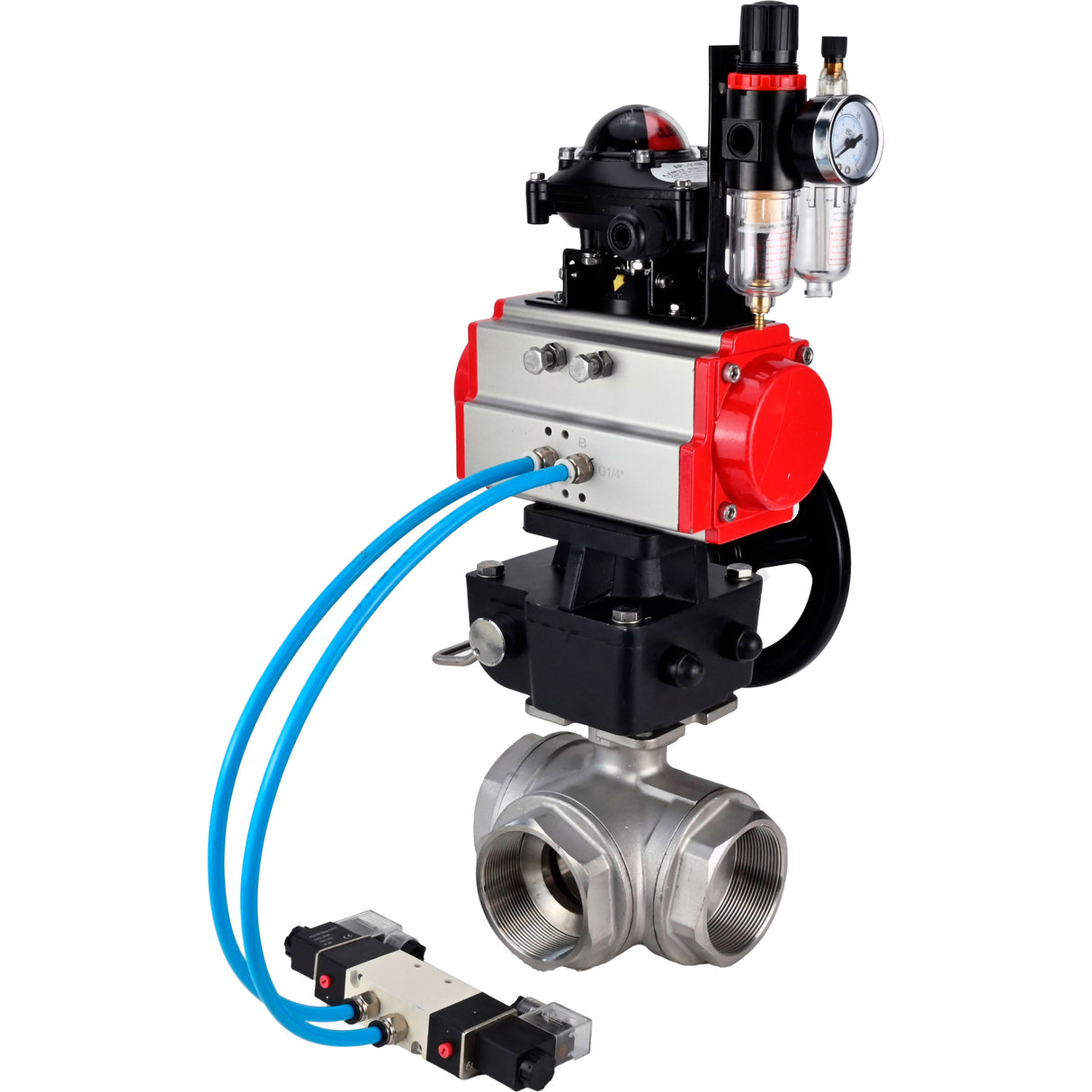 Kugelhähne Elephant BV3232P(4 Stück)-SP-3WL-T-ISO-H, Gehäusematerial - Edelstahl AISI 316, Dichtung - PTFE / PTFE / Teflon, mit pneumatischem Doppelwirkungsantrieb PA-DA, 4V320-08 220V, LSU APL-210N, Handrad MON, ATU AFC2000