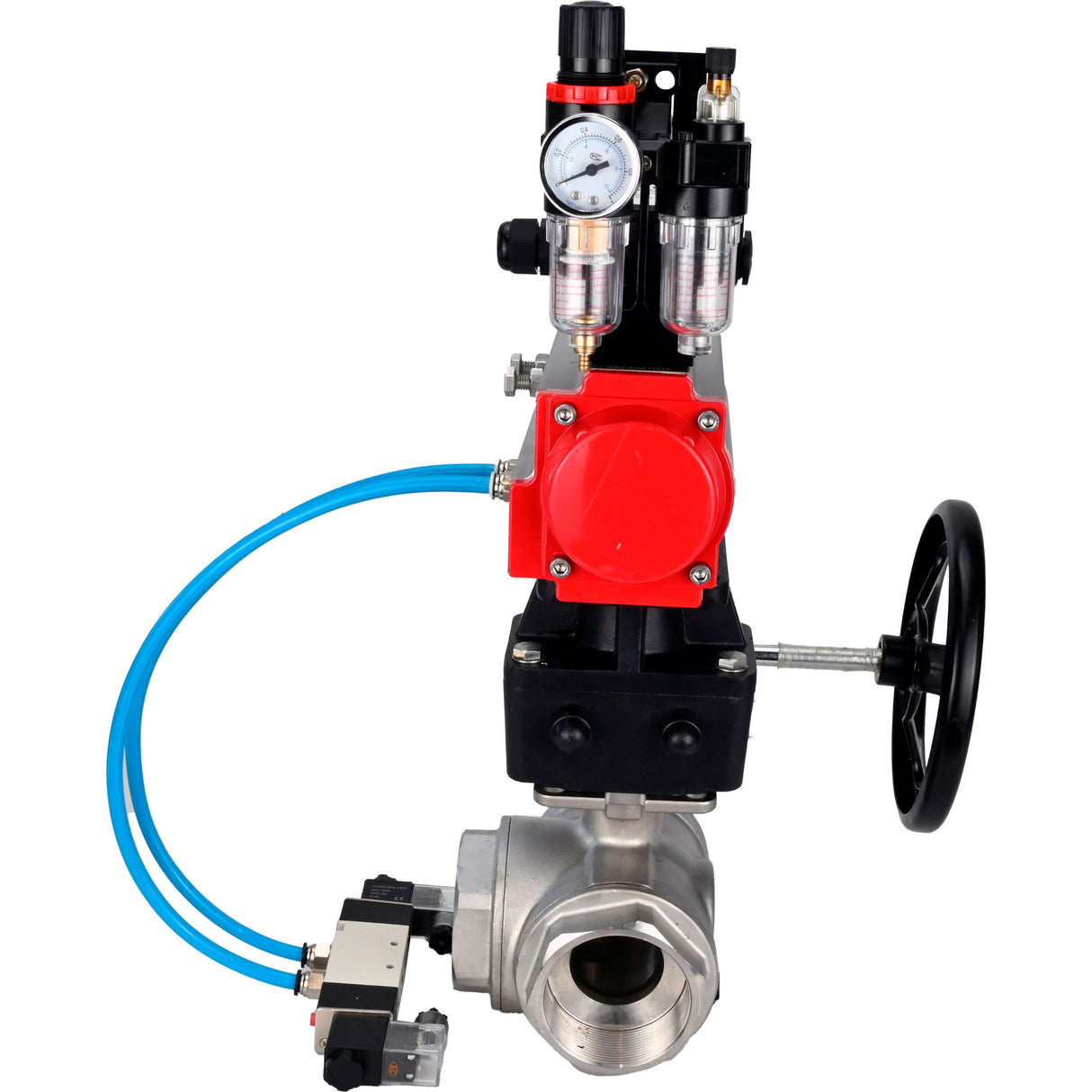 Kugelhähne Elephant BV3232P(4 Stück)-SP-3WL-T-ISO-H, Gehäusematerial - Edelstahl AISI 316, Dichtung - PTFE / PTFE / Teflon, mit pneumatischem Doppelwirkungsantrieb PA-DA, 4V320-08 220V, LSU APL-210N, Handrad MON, ATU AFC2000