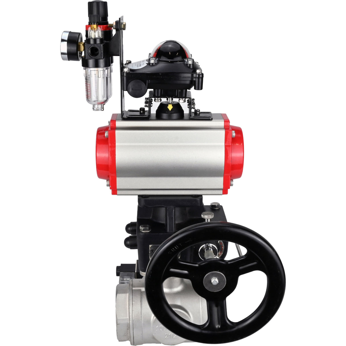Kugelhähne Elephant BV3232P(4 Stück)-SP-3WL-T-ISO-H, Gehäusematerial - Edelstahl AISI 316, Dichtung - PTFE / PTFE / Teflon, mit pneumatischem Doppelwirkungsantrieb PA-DA, 4V320-08 220V, LSU APL-210N, Handrad MON, ATU AFC2000