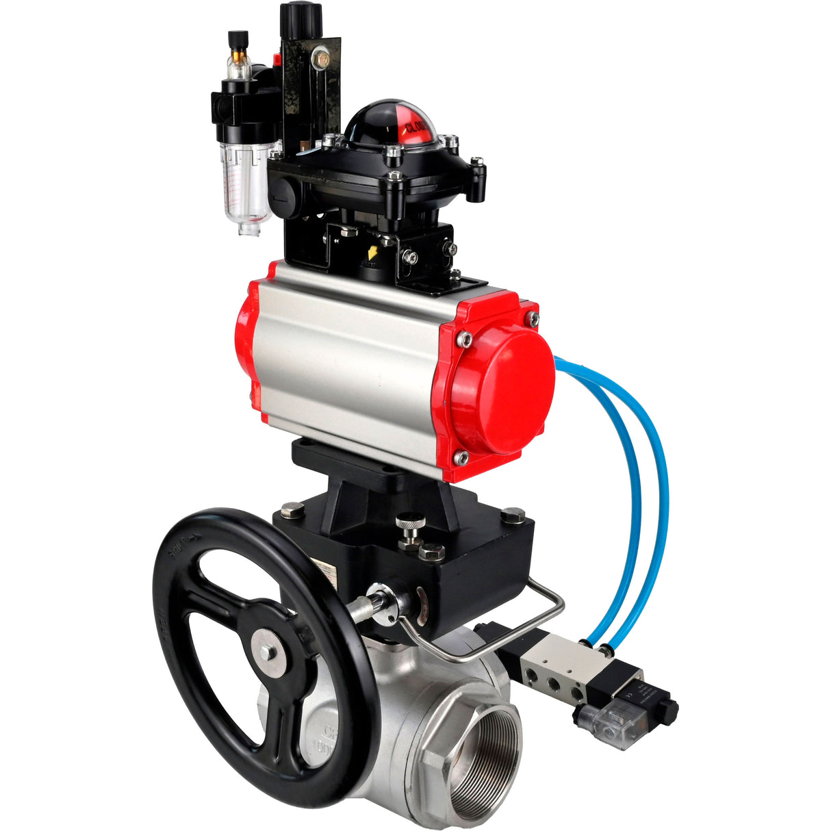 Kugelhähne Elephant BV3232P(4 Stück)-SP-3WL-T-ISO-H, Gehäusematerial - Edelstahl AISI 316, Dichtung - PTFE / PTFE / Teflon, mit pneumatischem Doppelwirkungsantrieb PA-DA, 4V320-08 220V, LSU APL-210N, Handrad MON, ATU AFC2000