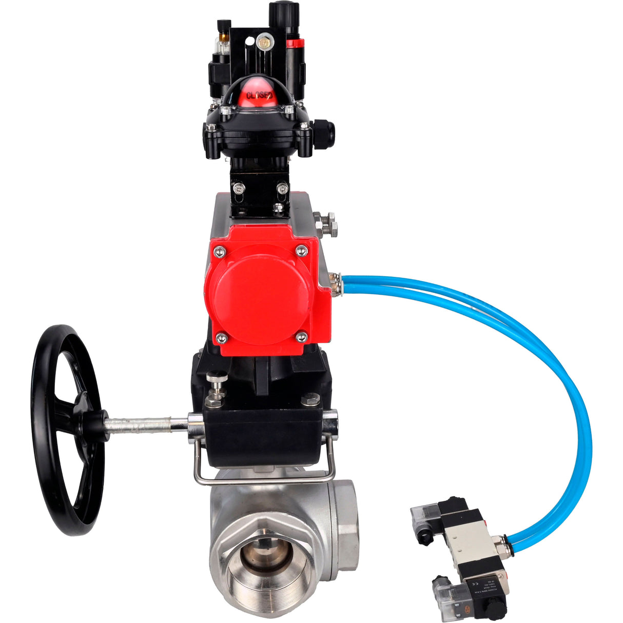Kugelhähne Elephant BV3232P(4 Stück)-SP-3WL-T-ISO-H, Gehäusematerial - Edelstahl AISI 316, Dichtung - PTFE / PTFE / Teflon, mit pneumatischem Doppelwirkungsantrieb PA-DA, 4V320-08 220V, LSU APL-210N, Handrad MON, ATU AFC2000