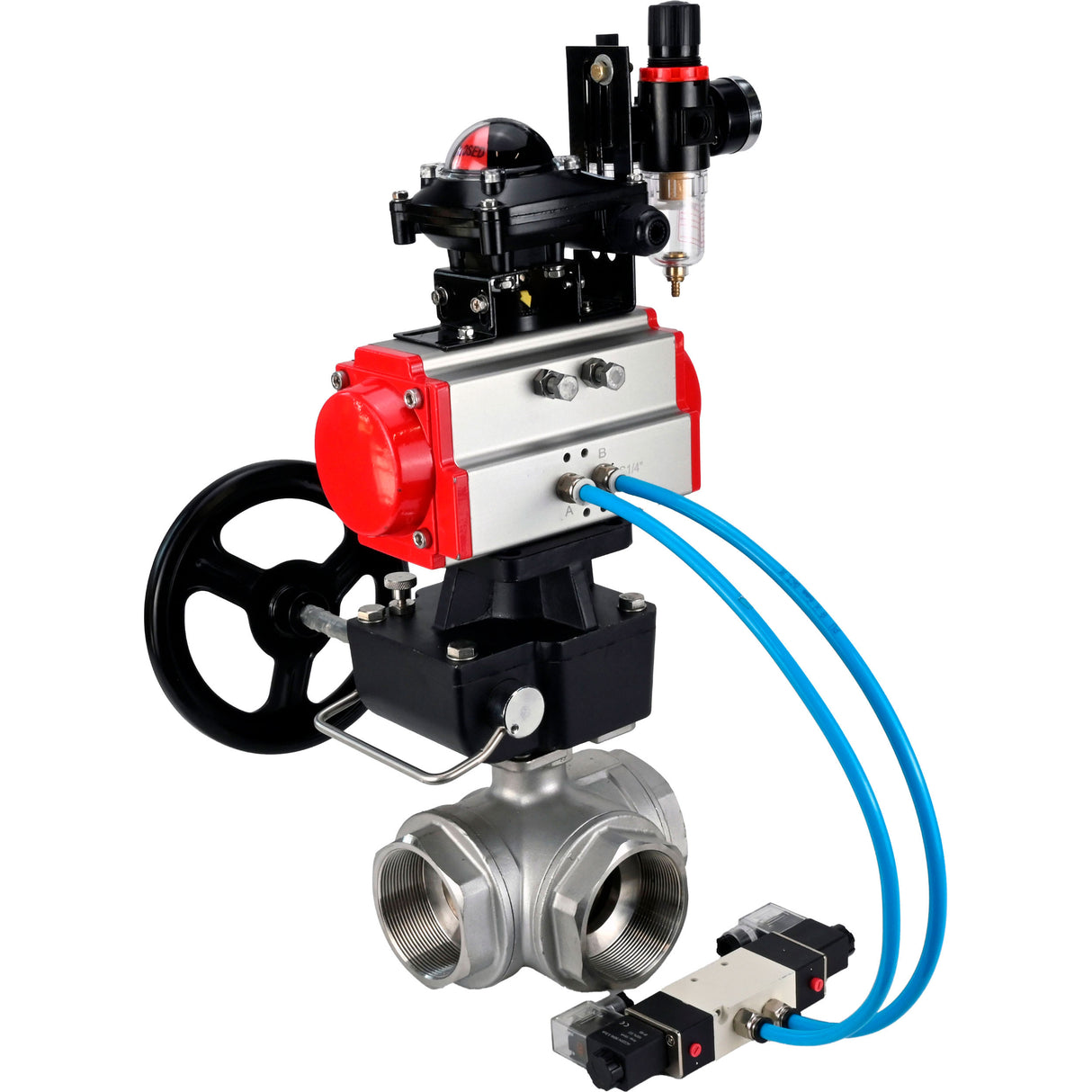Kugelhähne Elephant BV3232P(4 Stück)-SP-3WL-T-ISO-H, Gehäusematerial - Edelstahl AISI 316, Dichtung - PTFE / PTFE / Teflon, mit pneumatischem Doppelwirkungsantrieb PA-DA, 4V320-08 220V, LSU APL-210N, Handrad MON, ATU AFC2000