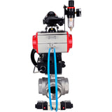 Kugelhähne Elephant BV3232P(4 Stück)-SP-3WL-T-ISO-H, Gehäusematerial - Edelstahl AISI 316, Dichtung - PTFE / PTFE / Teflon, mit pneumatischem Doppelwirkungsantrieb PA-DA, 4V320-08 220V, LSU APL-210N, Handrad MON, ATU AFC2000