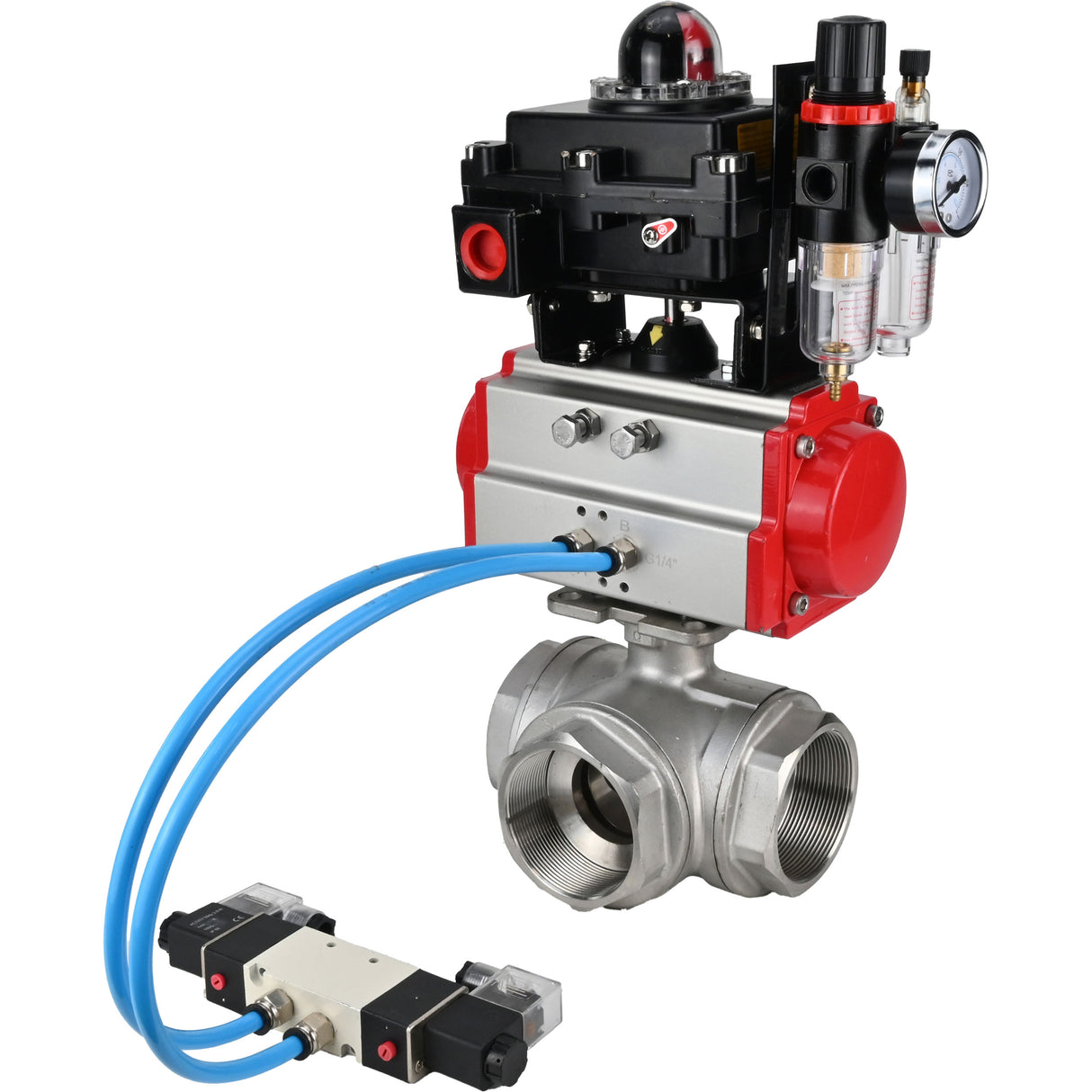 Kugelhähne Elephant BV3232P(4pc)-SP-3WL-T-ISO-H, Gehäusematerial - Edelstahl AISI 316, Dichtung - PTFE / PTFE / Teflon, mit pneumatischem Doppelwirkungsantrieb PA-DA, 4V320-08 220V, LSU APL-410N Ex, ATU AFC2000