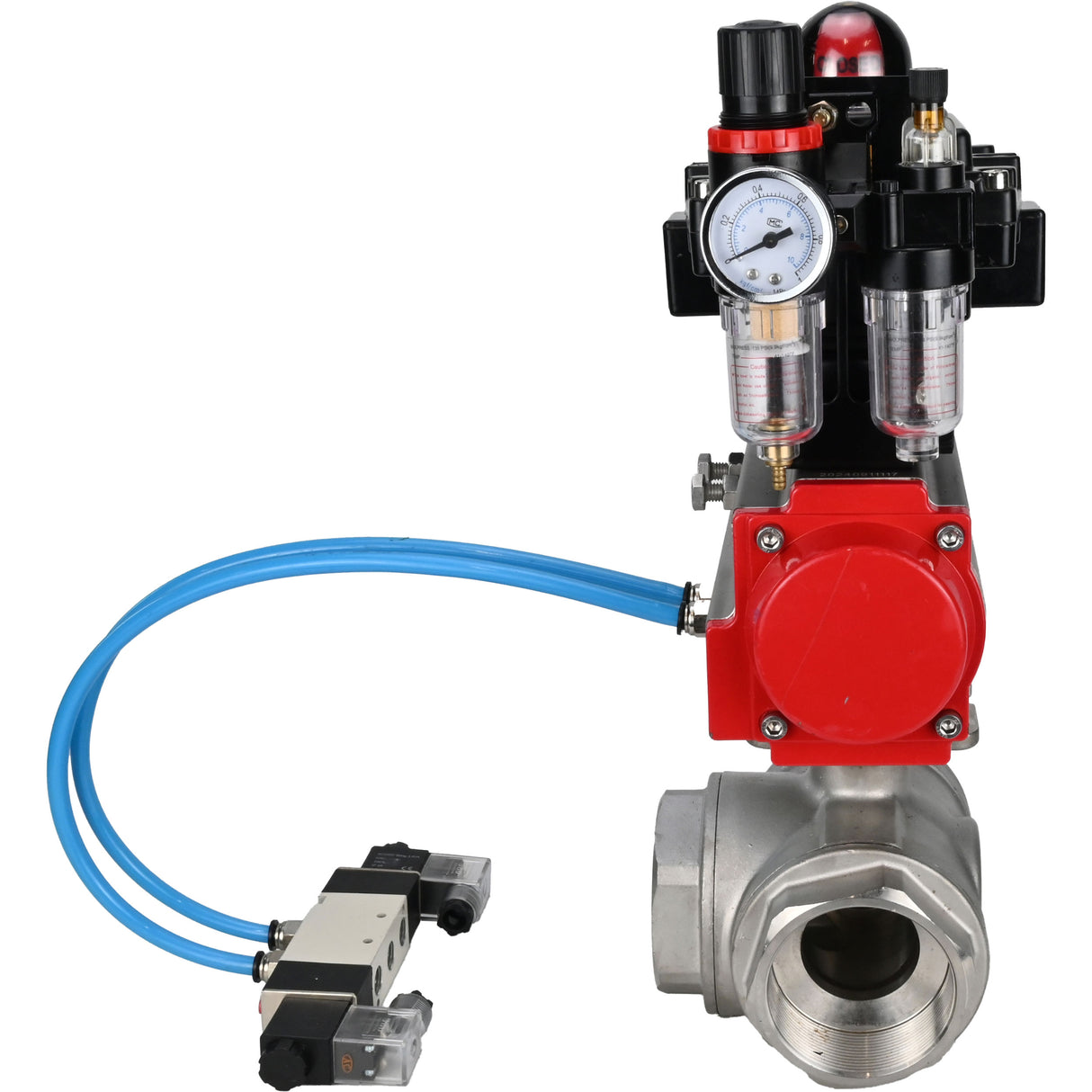 Kugelhähne Elephant BV3232P(4pc)-SP-3WL-T-ISO-H, Gehäusematerial - Edelstahl AISI 316, Dichtung - PTFE / PTFE / Teflon, mit pneumatischem Doppelwirkungsantrieb PA-DA, 4V320-08 220V, LSU APL-410N Ex, ATU AFC2000