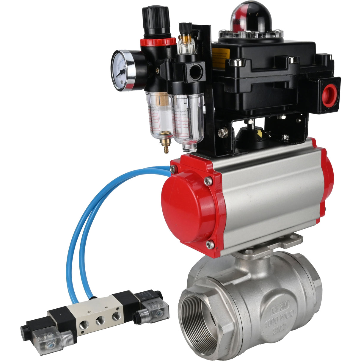 Kugelhähne Elephant BV3232P(4pc)-SP-3WL-T-ISO-H, Gehäusematerial - Edelstahl AISI 316, Dichtung - PTFE / PTFE / Teflon, mit pneumatischem Doppelwirkungsantrieb PA-DA, 4V320-08 220V, LSU APL-410N Ex, ATU AFC2000