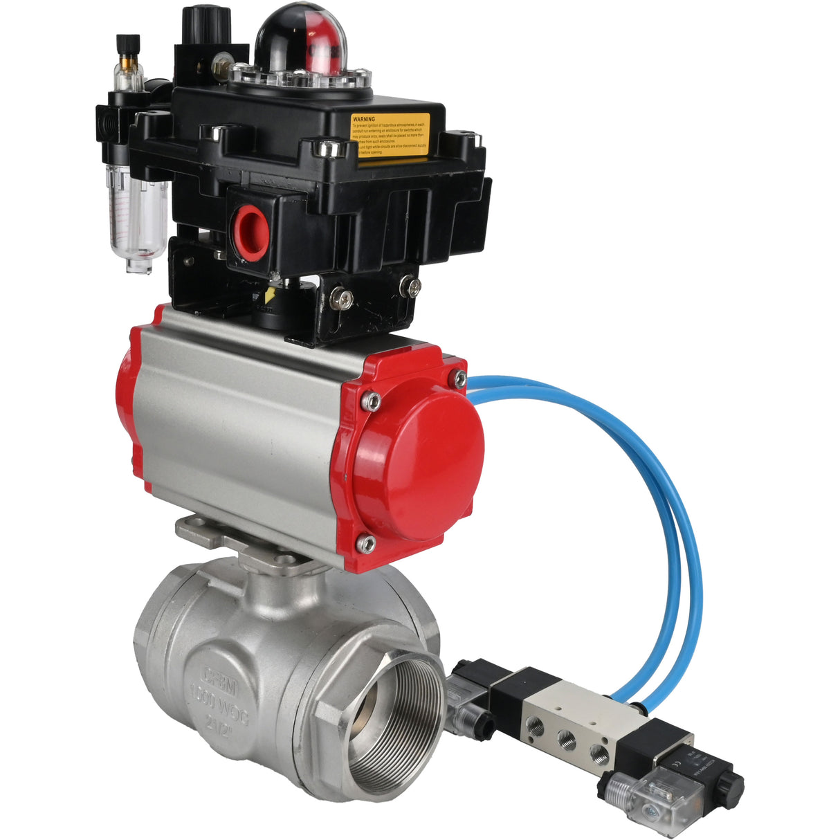 Kugelhähne Elephant BV3232P(4pc)-SP-3WL-T-ISO-H, Gehäusematerial - Edelstahl AISI 316, Dichtung - PTFE / PTFE / Teflon, mit pneumatischem Doppelwirkungsantrieb PA-DA, 4V320-08 220V, LSU APL-410N Ex, ATU AFC2000
