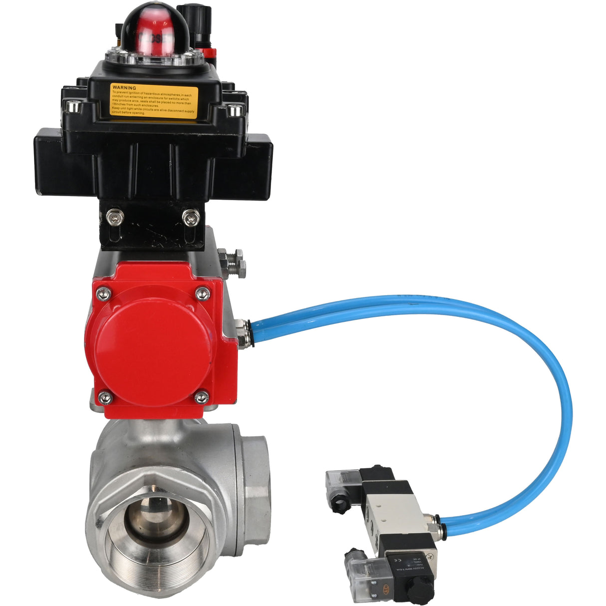 Kugelhähne Elephant BV3232P(4pc)-SP-3WL-T-ISO-H, Gehäusematerial - Edelstahl AISI 316, Dichtung - PTFE / PTFE / Teflon, mit pneumatischem Doppelwirkungsantrieb PA-DA, 4V320-08 220V, LSU APL-410N Ex, ATU AFC2000