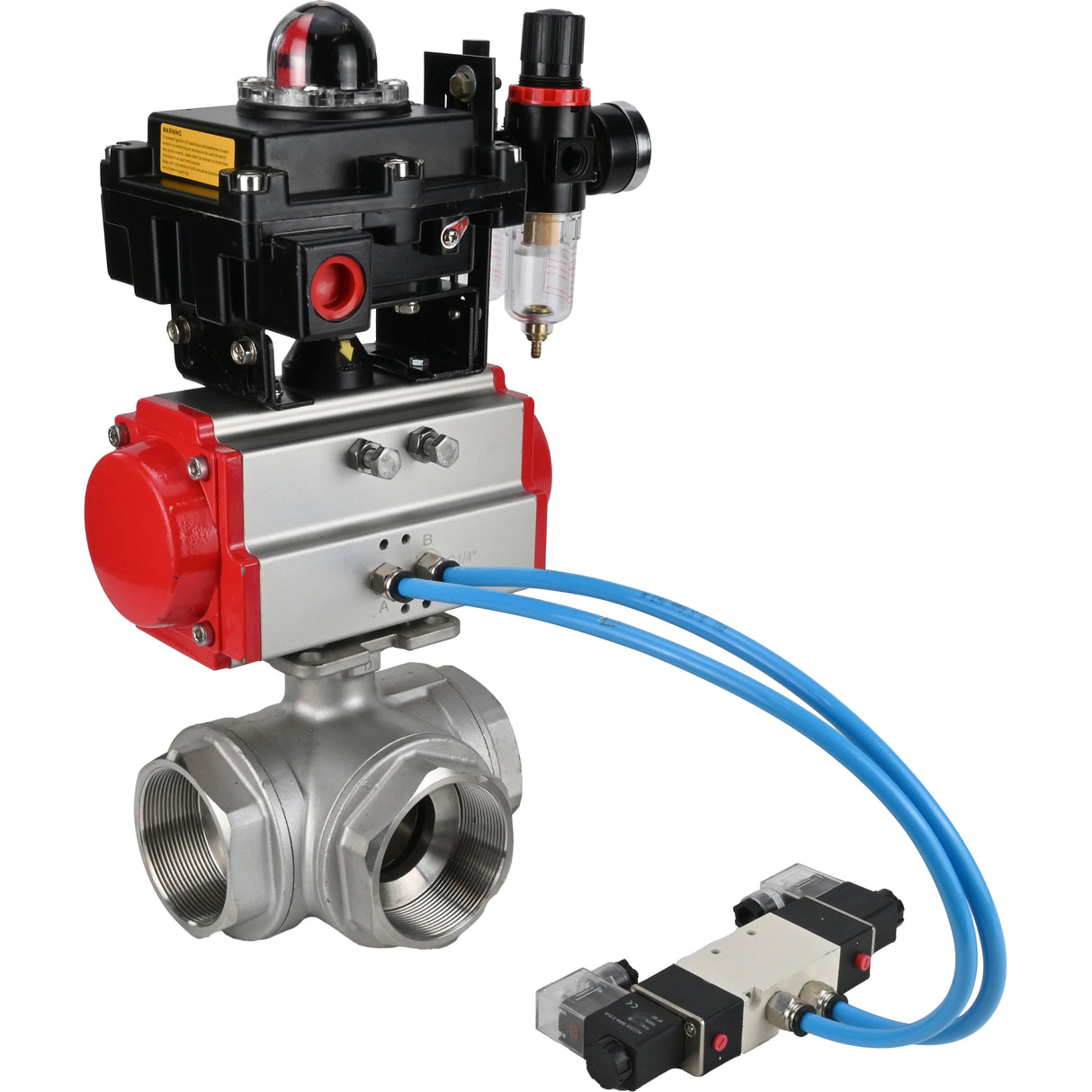 Kugelhähne Elephant BV3232P(4pc)-SP-3WL-T-ISO-H, Gehäusematerial - Edelstahl AISI 316, Dichtung - PTFE / PTFE / Teflon, mit pneumatischem Doppelwirkungsantrieb PA-DA, 4V320-08 220V, LSU APL-410N Ex, ATU AFC2000